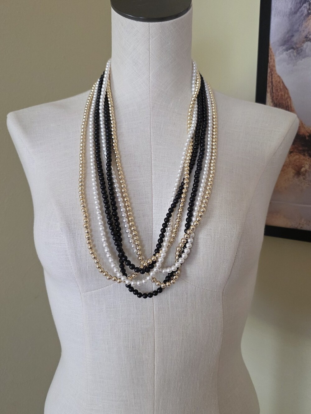 Very Long Multi-Strand Black White Gold Beaded Necklace Vintage Women Jewelry